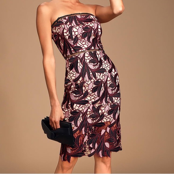 Lulus Women’s Dress Size Medium Jana Pink and Black Crochet Lace Strapless Party - Picture 3 of 15